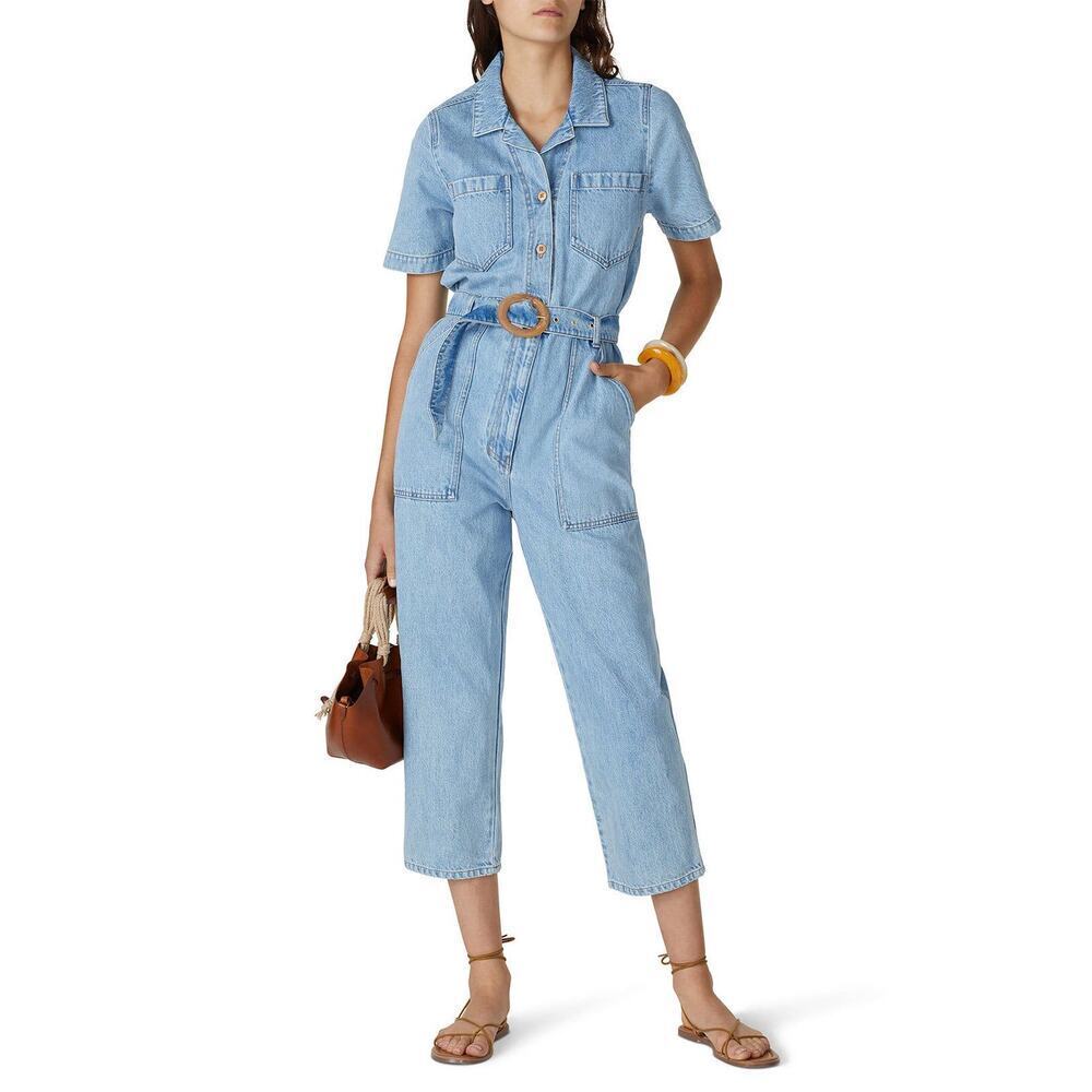 Nanushka Arlo Denim Jumpsuit One Piece Button Front Short Sleeves Blue Size L